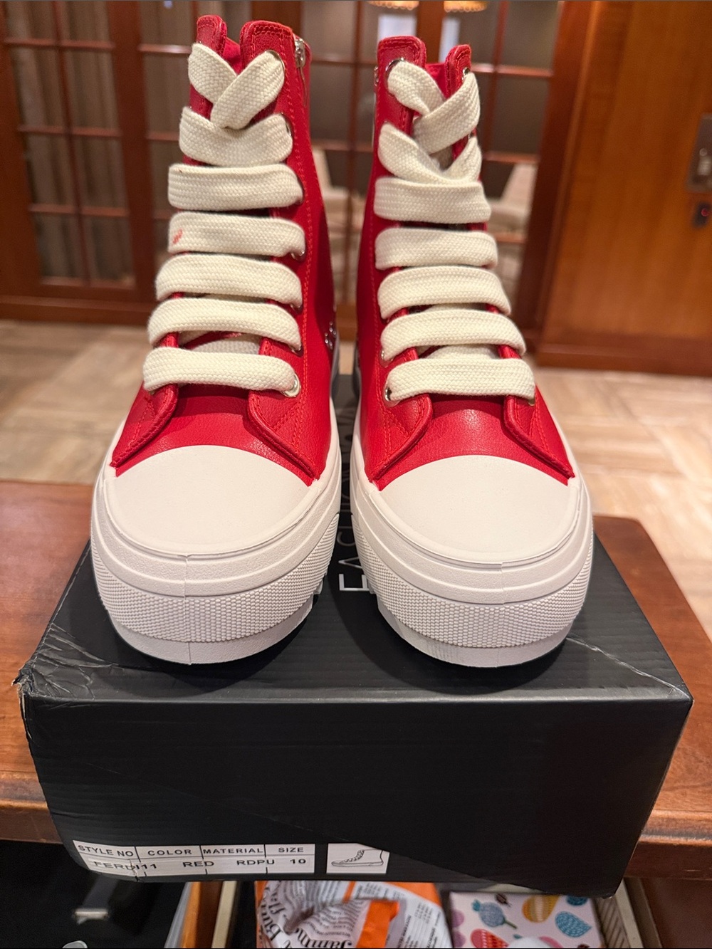 Fashion Nova Red High-Top Platform Sneakers with Cream Laces
